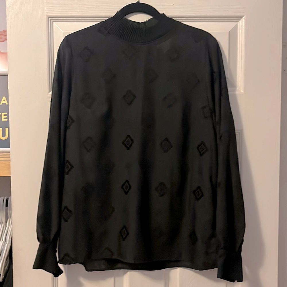 H&M BLACK SHEER RUFFLE COLLAR HIGH NECK TEXTURED WEAVE LLONG SLEEVED BLOUSE 12